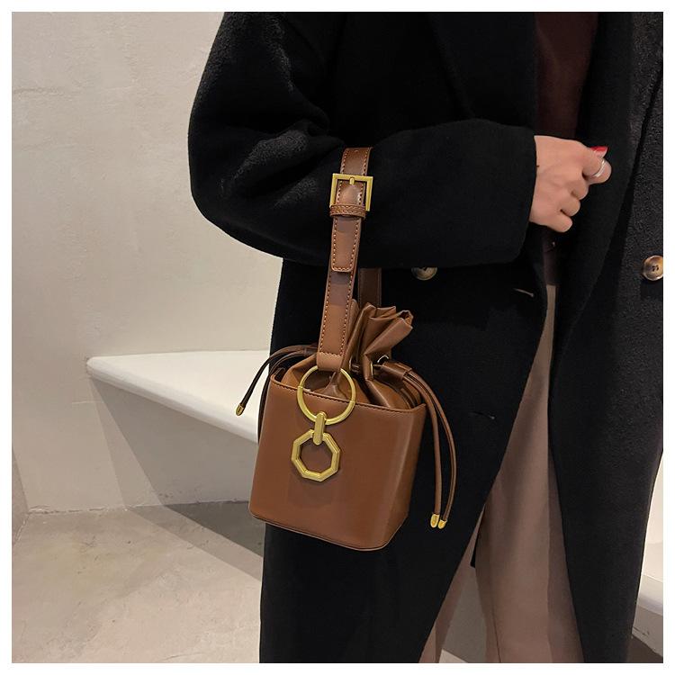 Buckle Strap Drawstring Bucket Bag