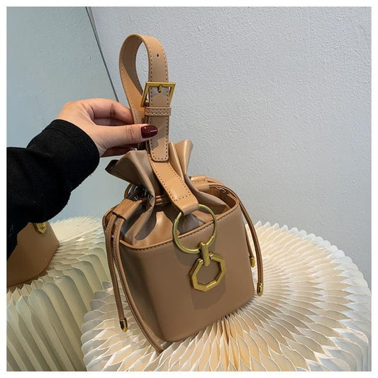 Buckle Strap Drawstring Bucket Bag