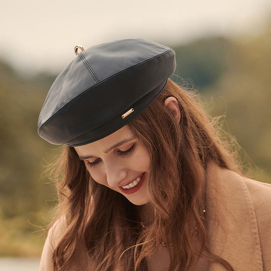 Metallic Detail Leather Beret