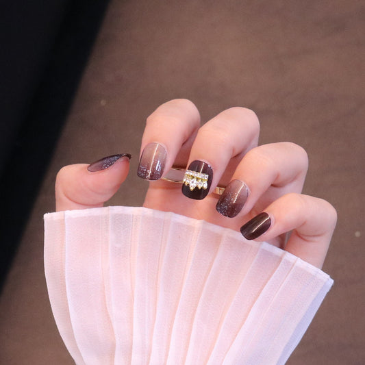 Short Squared Oval Burgundy Press On Nails with Crown Charm