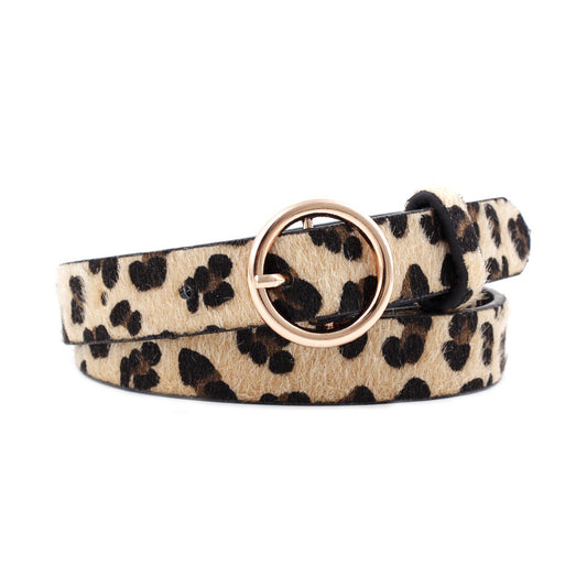Faux Leather Animal Print Belt with Round Gold Buckle
