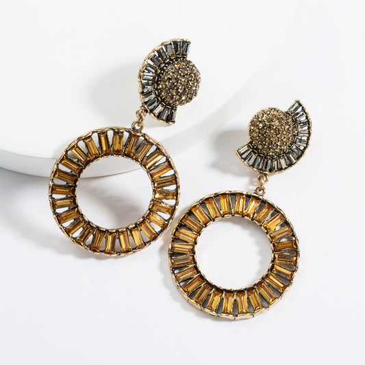 Round Circle Rectangular Crystal Dangle Earrings