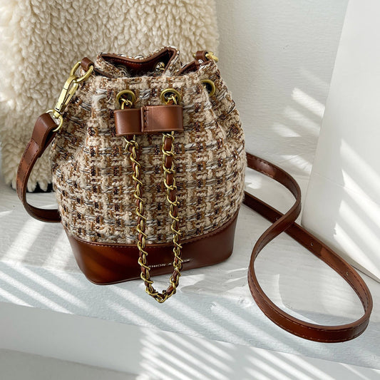 Woven Tweed Satchel Crossbody Bag with Adjustable String