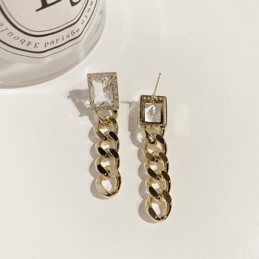 Gold Chain with Rectangular Crystal Earring