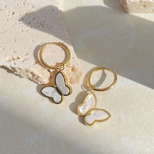 White Iridescent Stone Butterfly Pendant Earrings