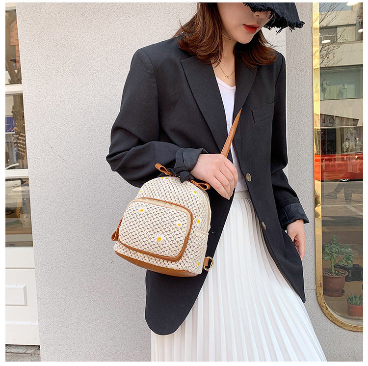 Summery Woven Rattan Backpack with Daisies