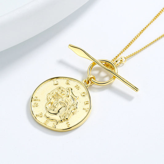 Gold Coin Portrait 925 Sterling Silver Necklace