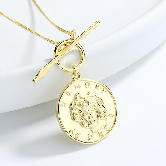 Gold Coin Portrait 925 Sterling Silver Necklace