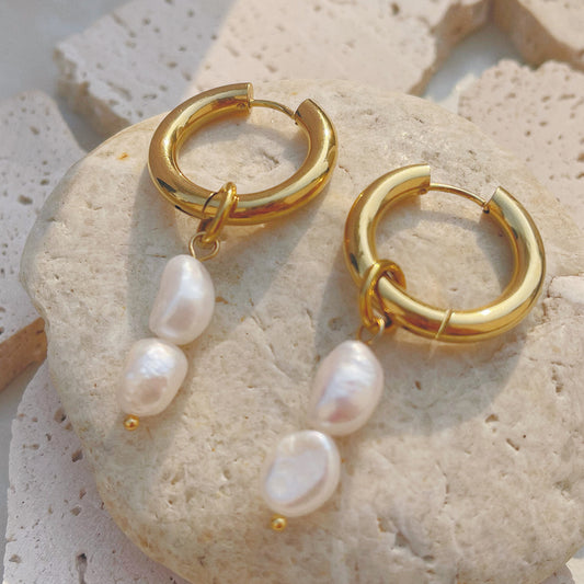 Double Freshwater Pearl Pendant 18K Gold-Plated Earrings