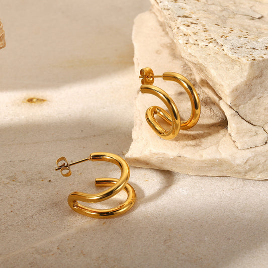 Double Layer C-shaped Lines 18K Gold-Plated Earrings