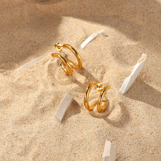Double Layer C-shaped Lines 18K Gold-Plated Earrings