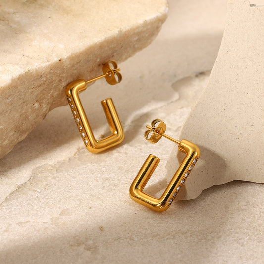 Rectangular Loop with Crystals 18K Gold Plated Earrings