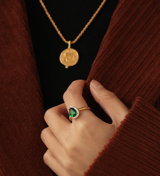 Teardrop Emerald Green Crystal Gold Ring