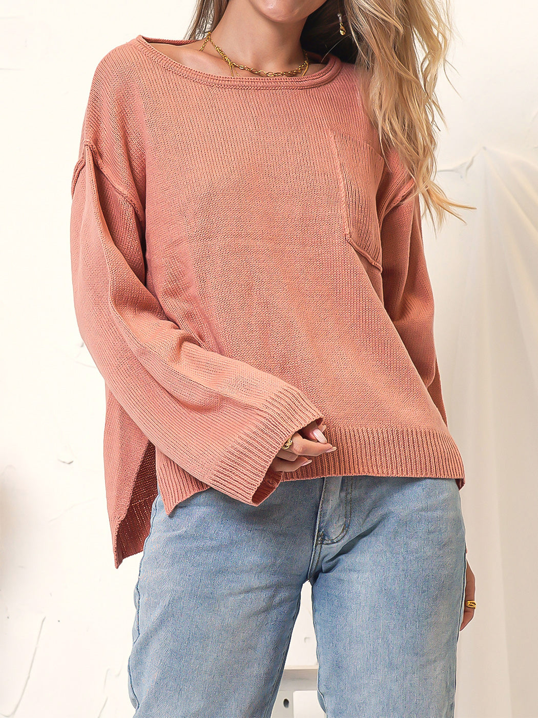 Knit Patch Pocket Sweater Oversized
