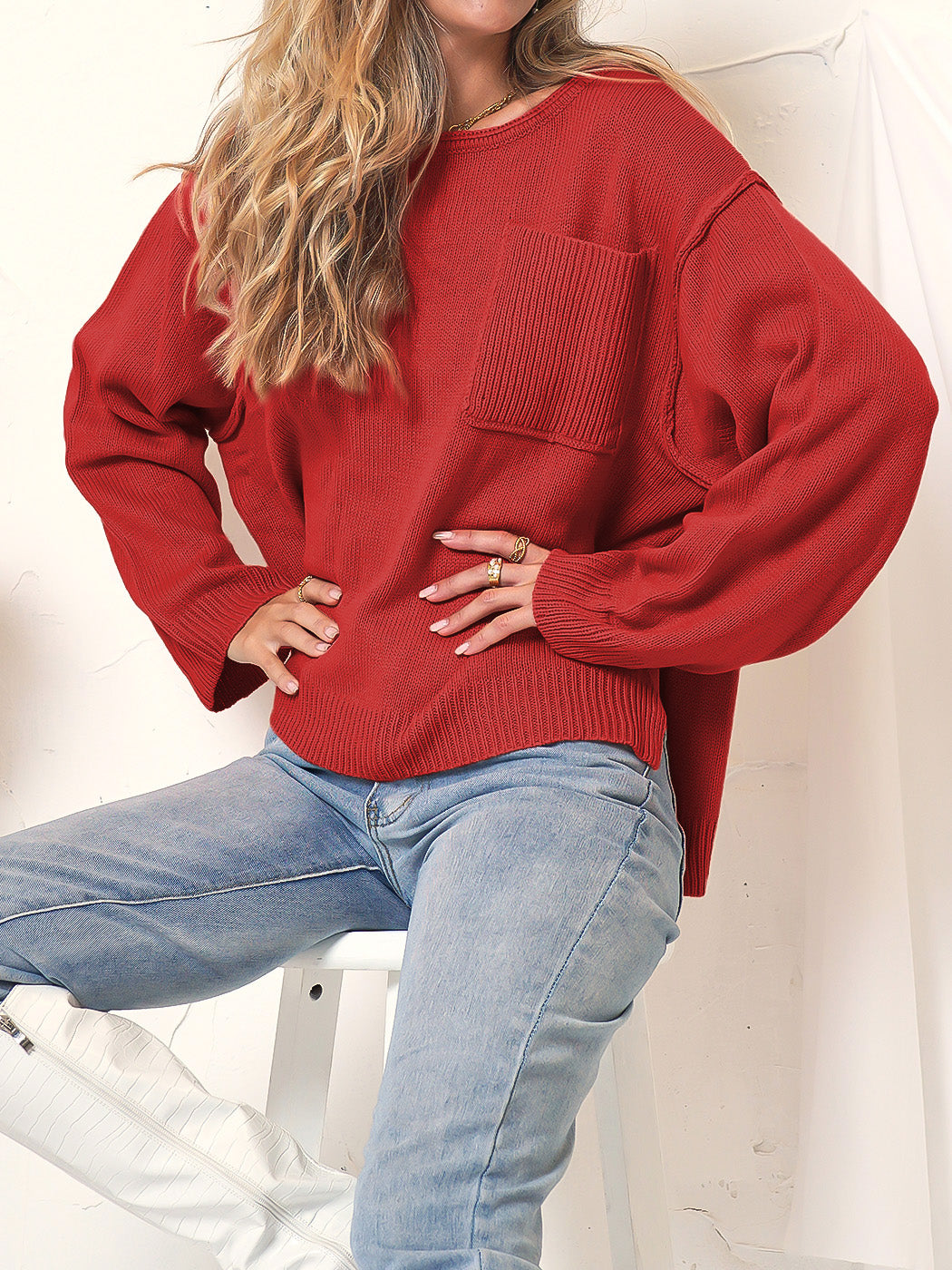 Knit Patch Pocket Sweater Oversized