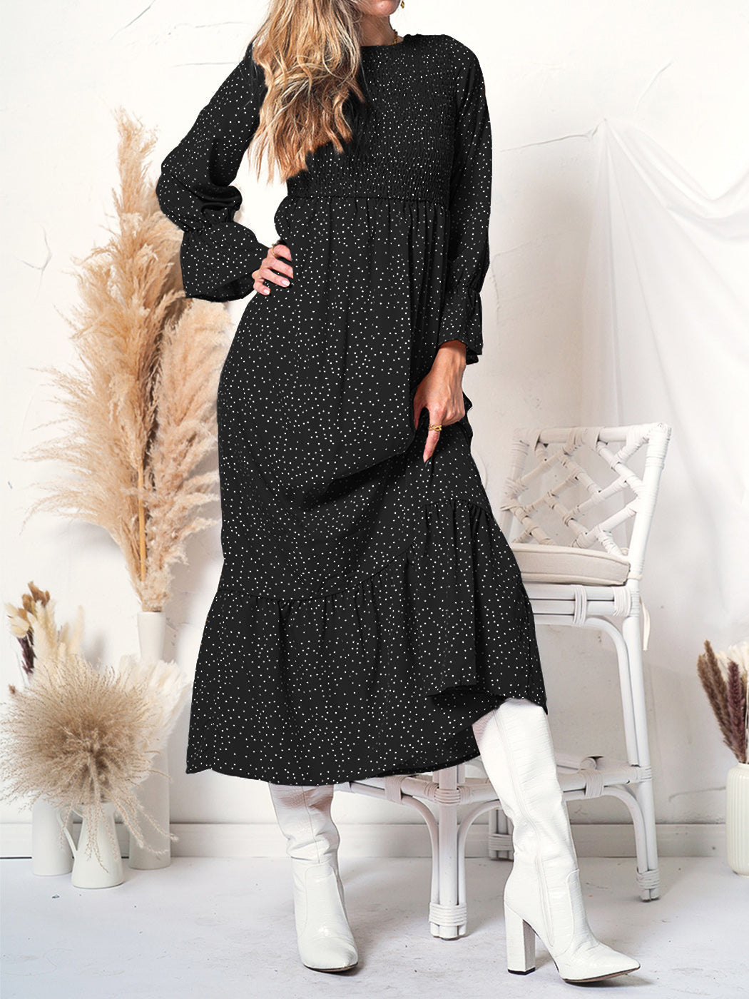 Smocked Chest Floral Dotted Dress