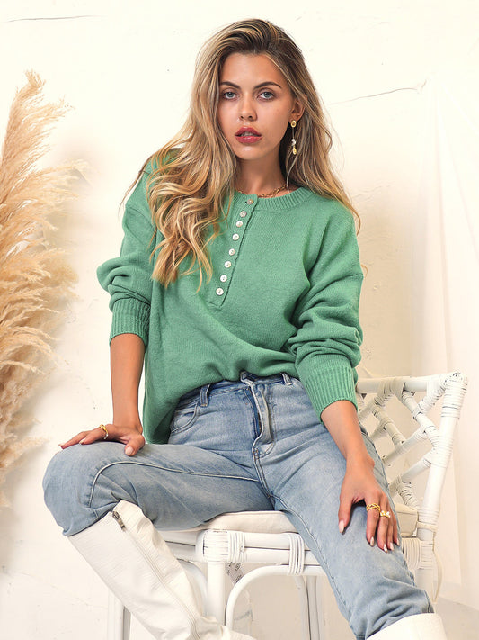 Knitted Henley Button Long Sleeve
