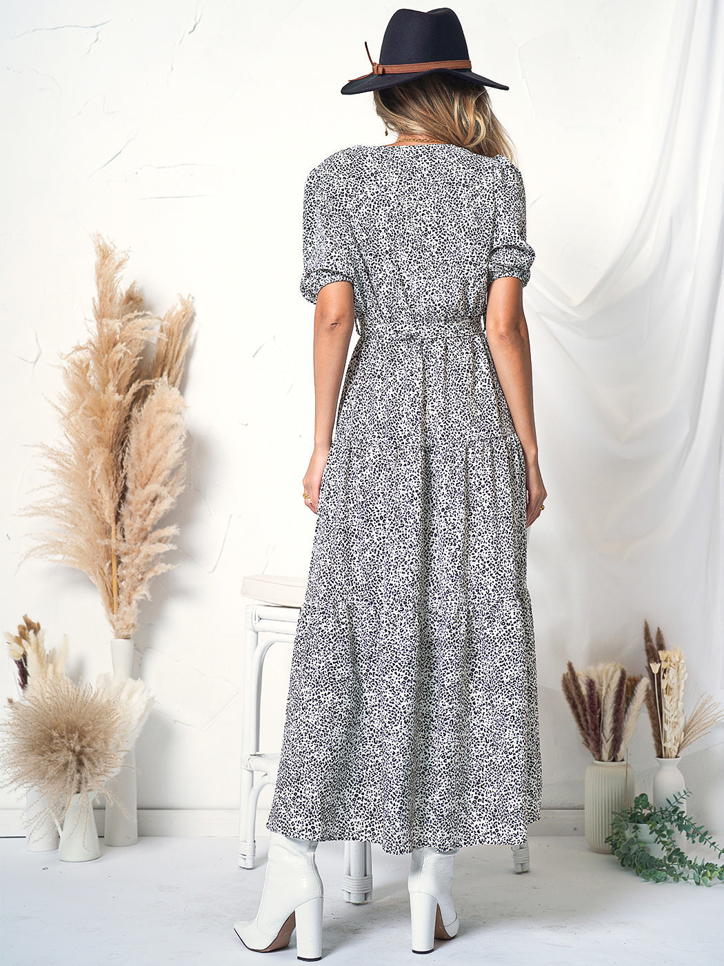 Printed Puff Sleeve Wrap Dress