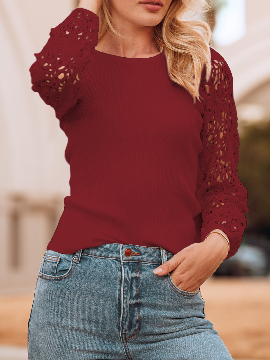 Lace Long Sleeve Knit Top