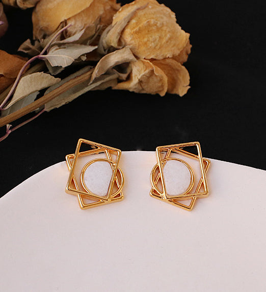 Retro Geometric Shaped White Stone Earrings