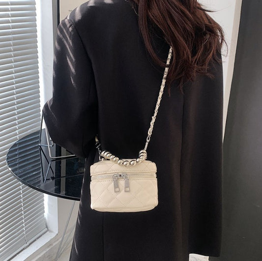 Mini Quilted Crossbody Bucket Bag with Silver Beads Handle