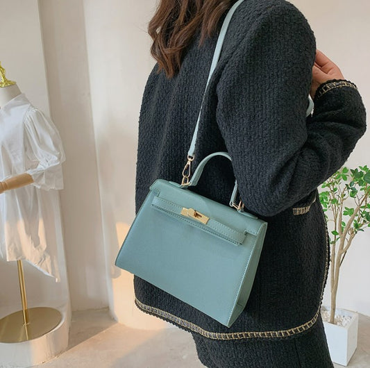 Faux Leather Small Handle Bag with Gold Clasp