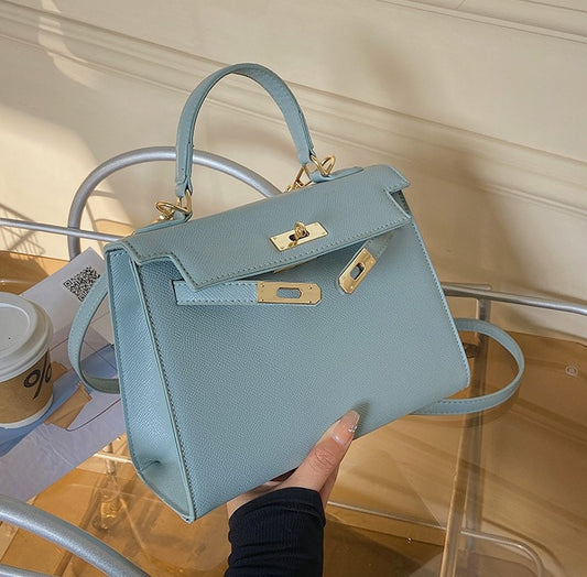 Faux Leather Small Handle Bag with Gold Clasp