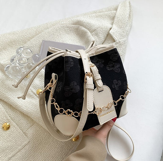 Flower Embossed Bucket Bag with Drawstrings