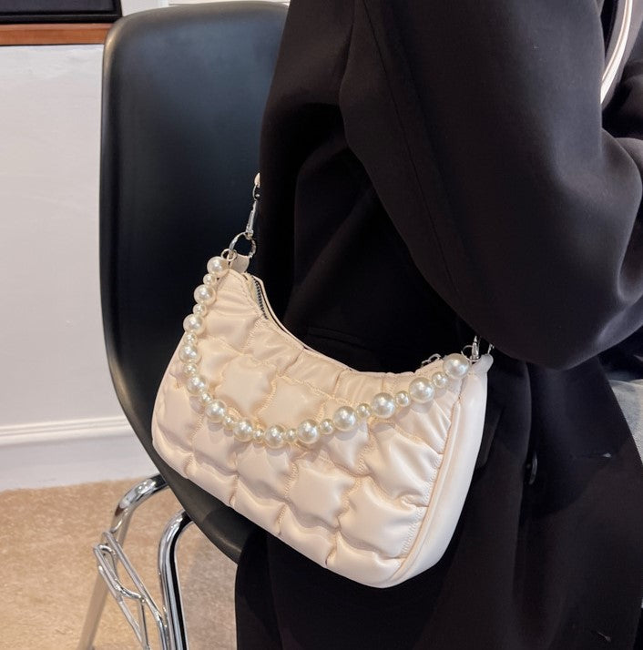 Ruched Quilted Shoulder Bag with Pearl Chain