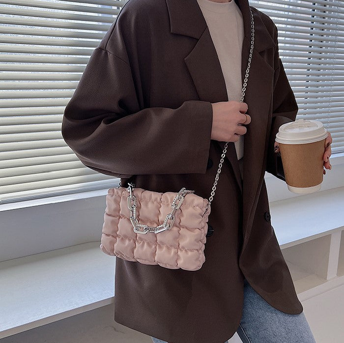 Ruched Quilted Crossbody Bag with Silver Chains