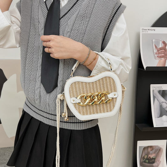 Woven Basket Crossbody Bag with Decorative Gold Links