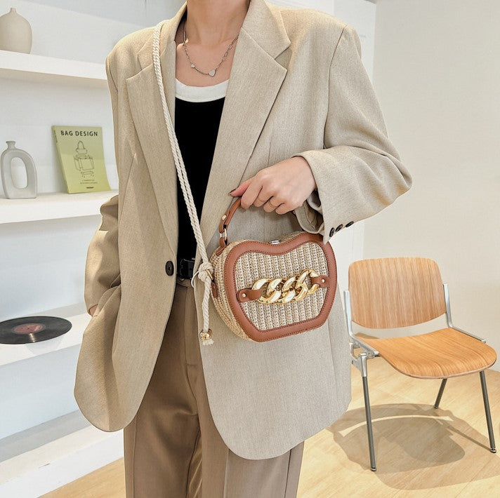 Woven Basket Crossbody Bag with Decorative Gold Links