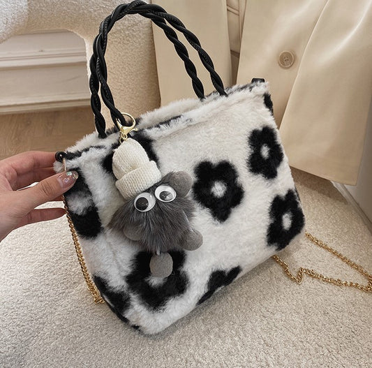 Fluffy Fur Braided Handle Bucket Bag