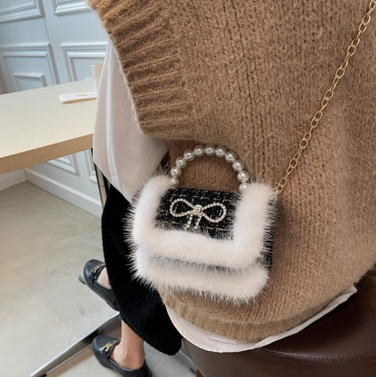 Mini Tweed Crossbody Bag with Fluffy Fur and Pearl Handle