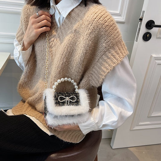 Mini Tweed Crossbody Bag with Fluffy Fur and Pearl Handle