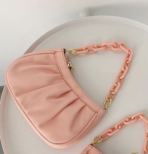 Small Ruched Faux Leather Shoulder Bag with Chain Strap