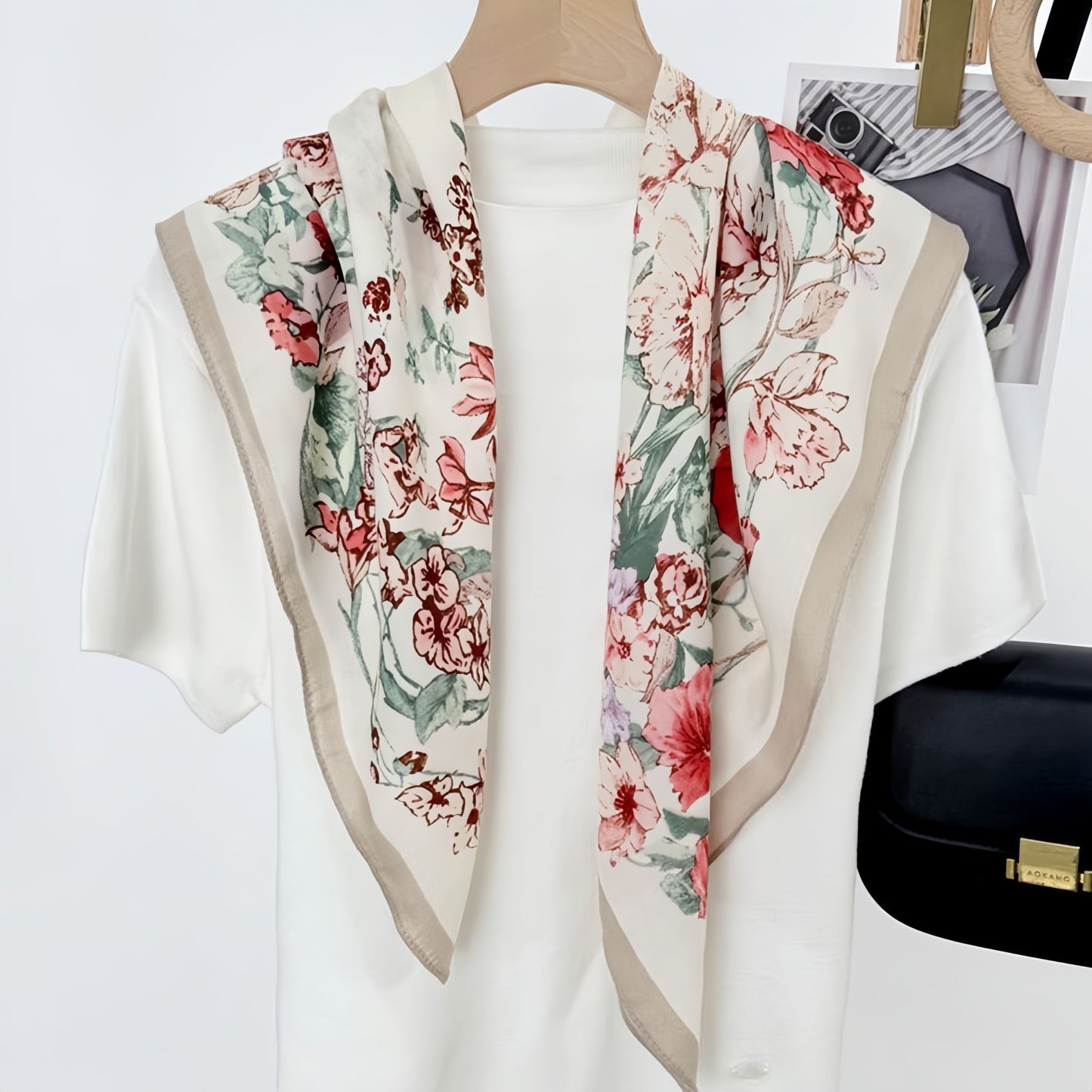 Floral Print Square Scarf with Lightweight Draped Fabric, Soft Smooth Texture, and Elegant Border Detailing 35.5x35.5in