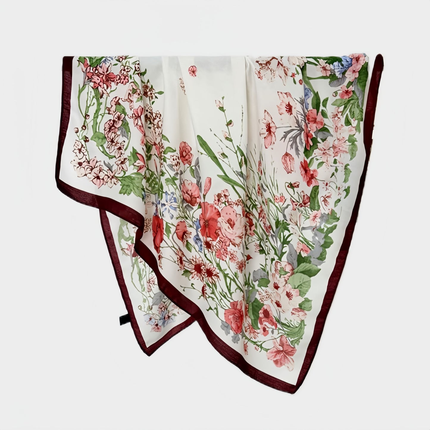 Floral Print Square Scarf with Lightweight Draped Fabric, Soft Smooth Texture, and Elegant Border Detailing 35.5x35.5in