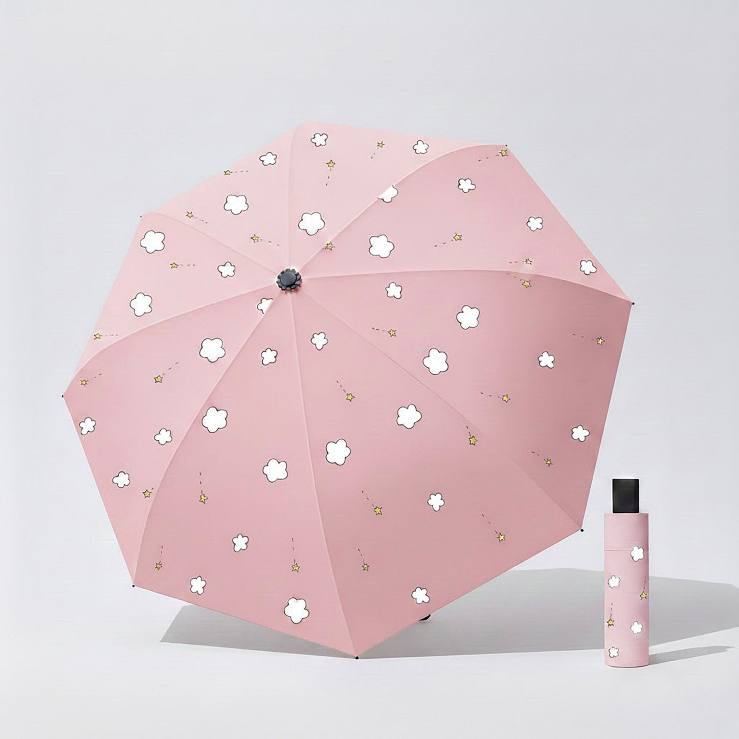 Cloud and Star Print Compact Folding Umbrella with Matching Sleeve and Automatic Open