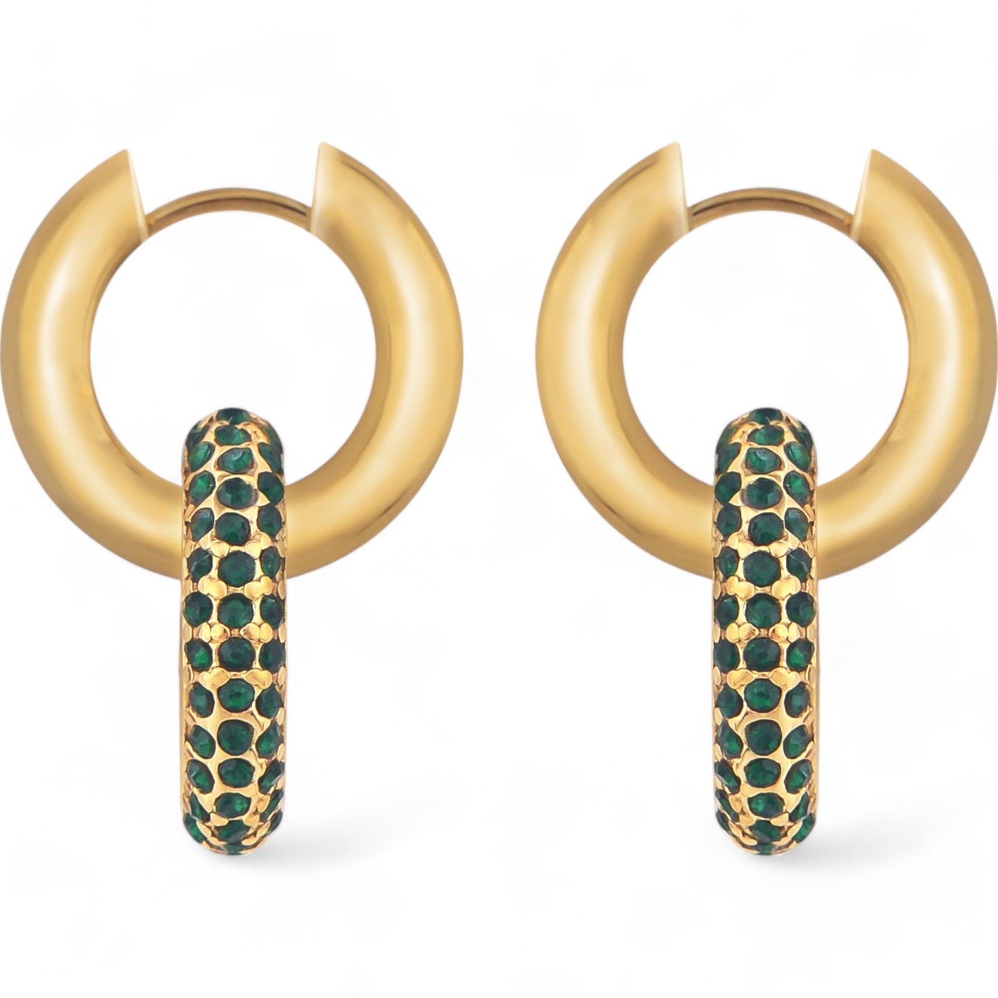Gold Tone Hoop Earrings with Green Crystal Encrusted Accent Ring