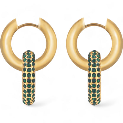 Gold Tone Hoop Earrings with Green Crystal Encrusted Accent Ring