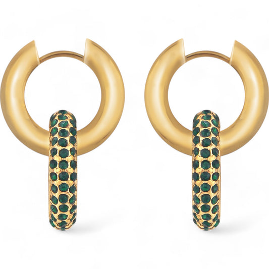 Gold Tone Hoop Earrings with Green Crystal Encrusted Accent Ring