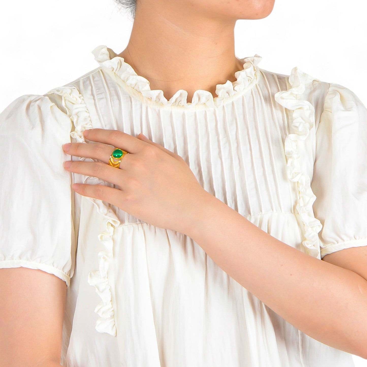 Gold Tone Leaf Cutout Cuff Bracelet with Round Green Stone Statement Design