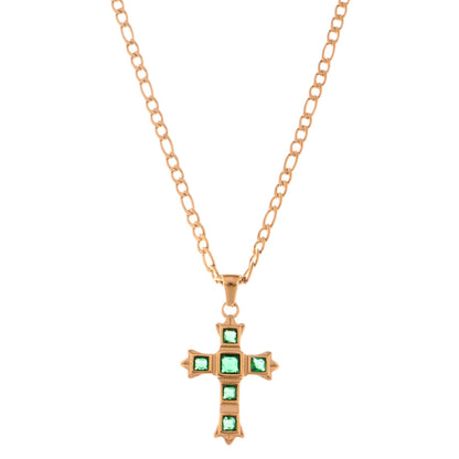 Gold Tone Cross Pendant Necklace with Green Gemstone Accents