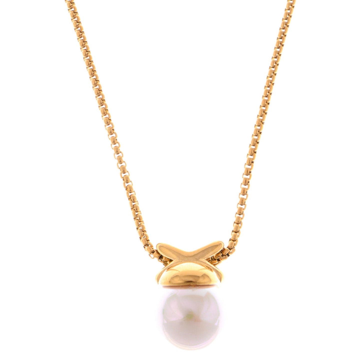 Gold Tone Pendant Necklace with Faux Pearl Drop and X Charm