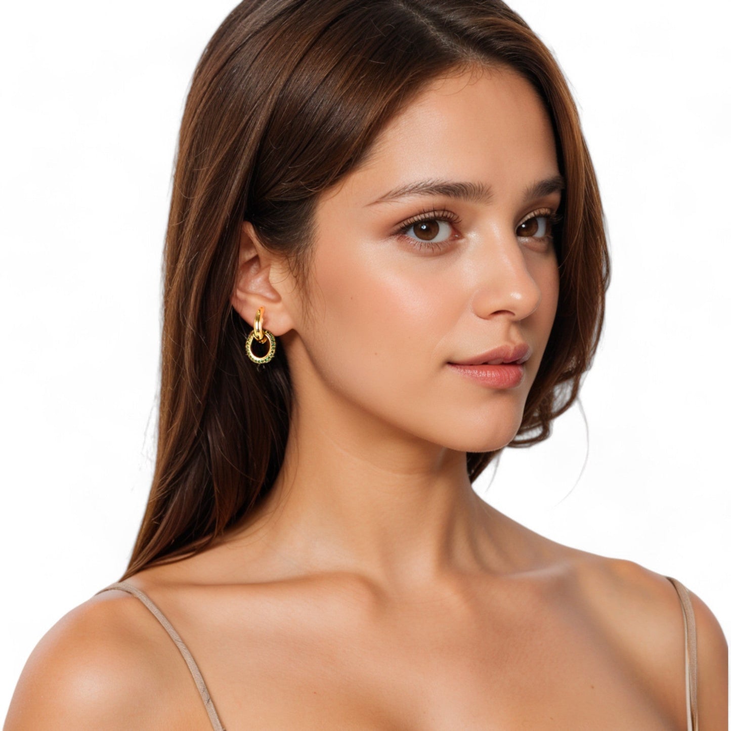 Gold Tone Hoop Earrings with Green Crystal Encrusted Accent Ring