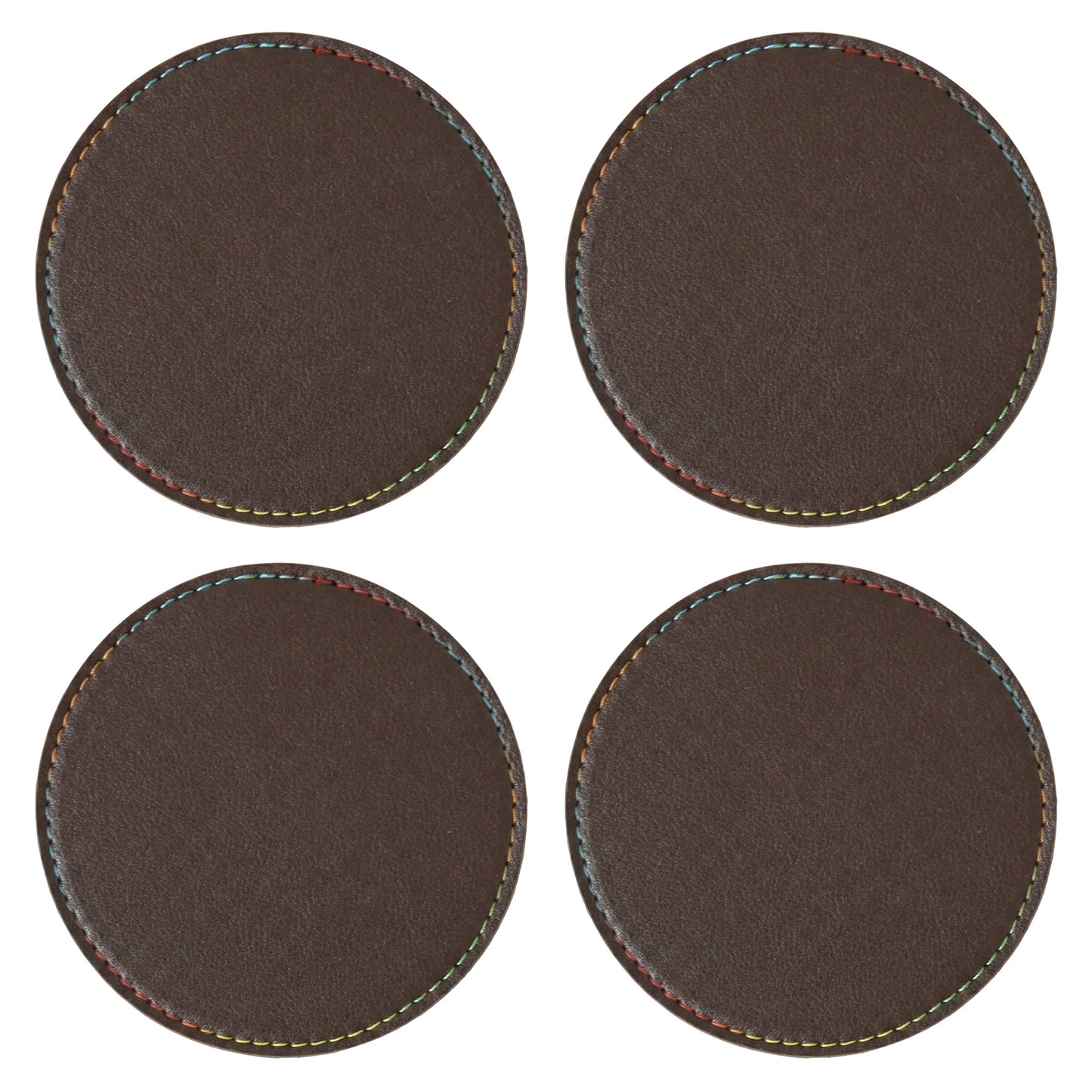 4-PC Round Leather Coaster with Stitched Edge Durable Table Protector