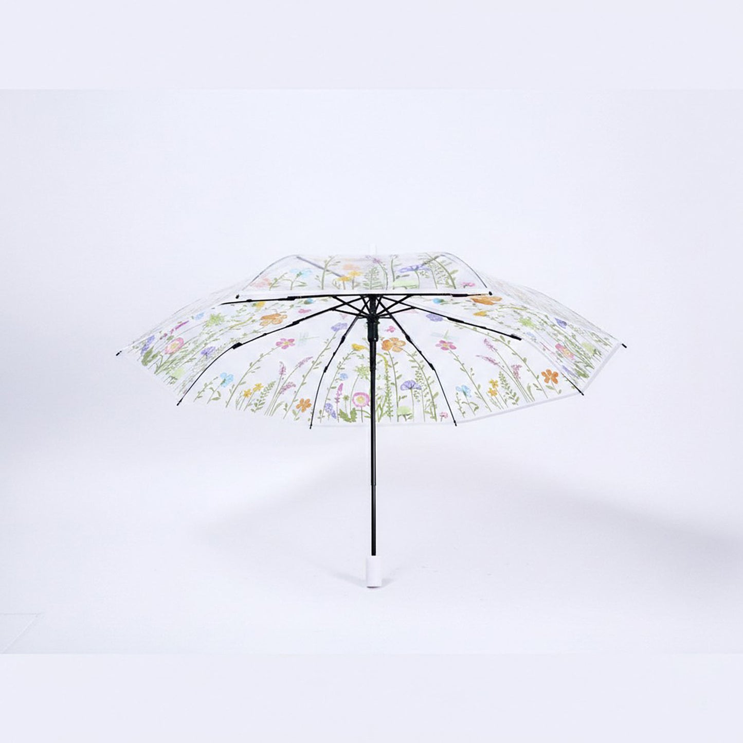Clear Dome Umbrella with Floral Print Canopy Wind Resistant Frame and Curved Handle