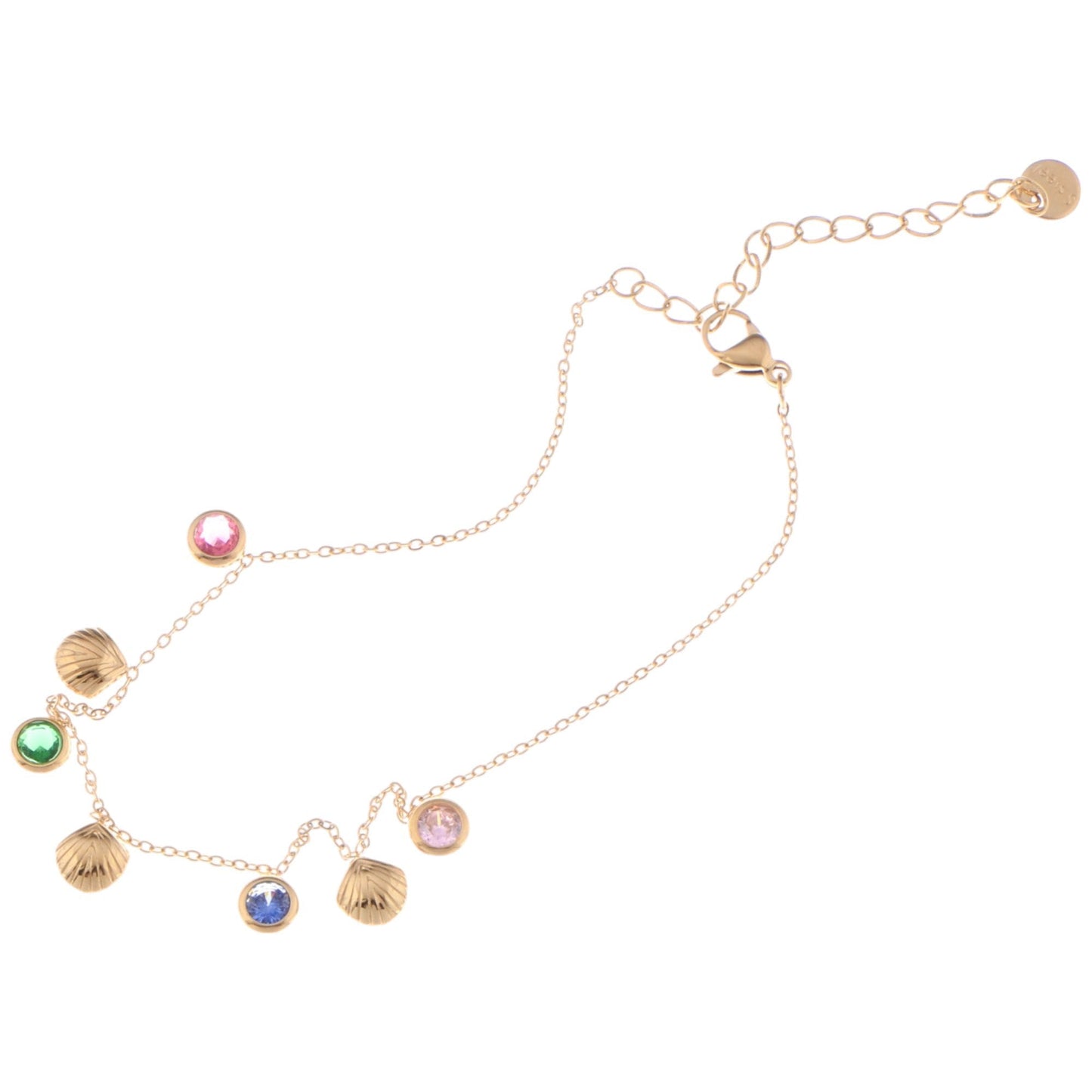 Gold Tone Shell and Crystal Charm Anklet with Adjustable Chain