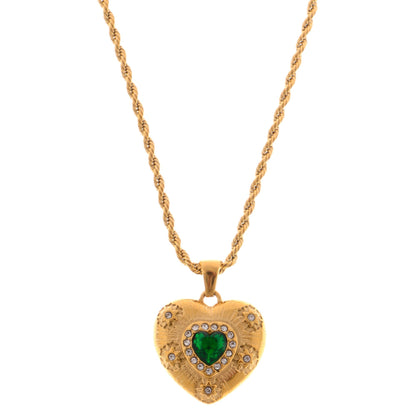 Gold Tone Heart Pendant Necklace with Green Gemstone and Crystal Accents